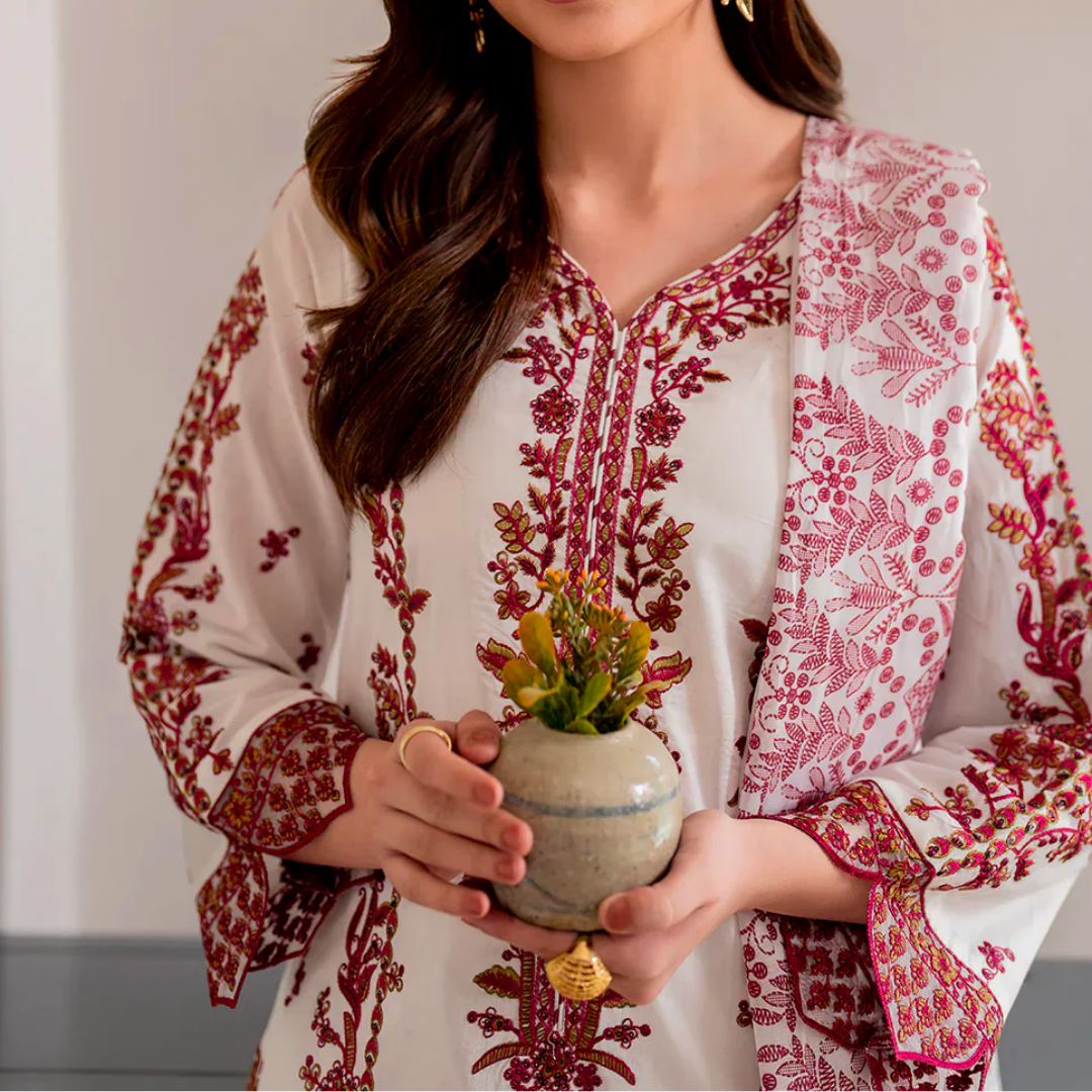 Maroon and Cream 3 Piece Cotton Suit